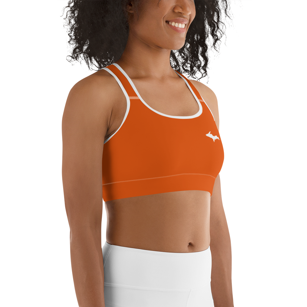 Michigan Upper Peninsula Sports Bra (w/ UP Outline) | Maple Leaf Orange