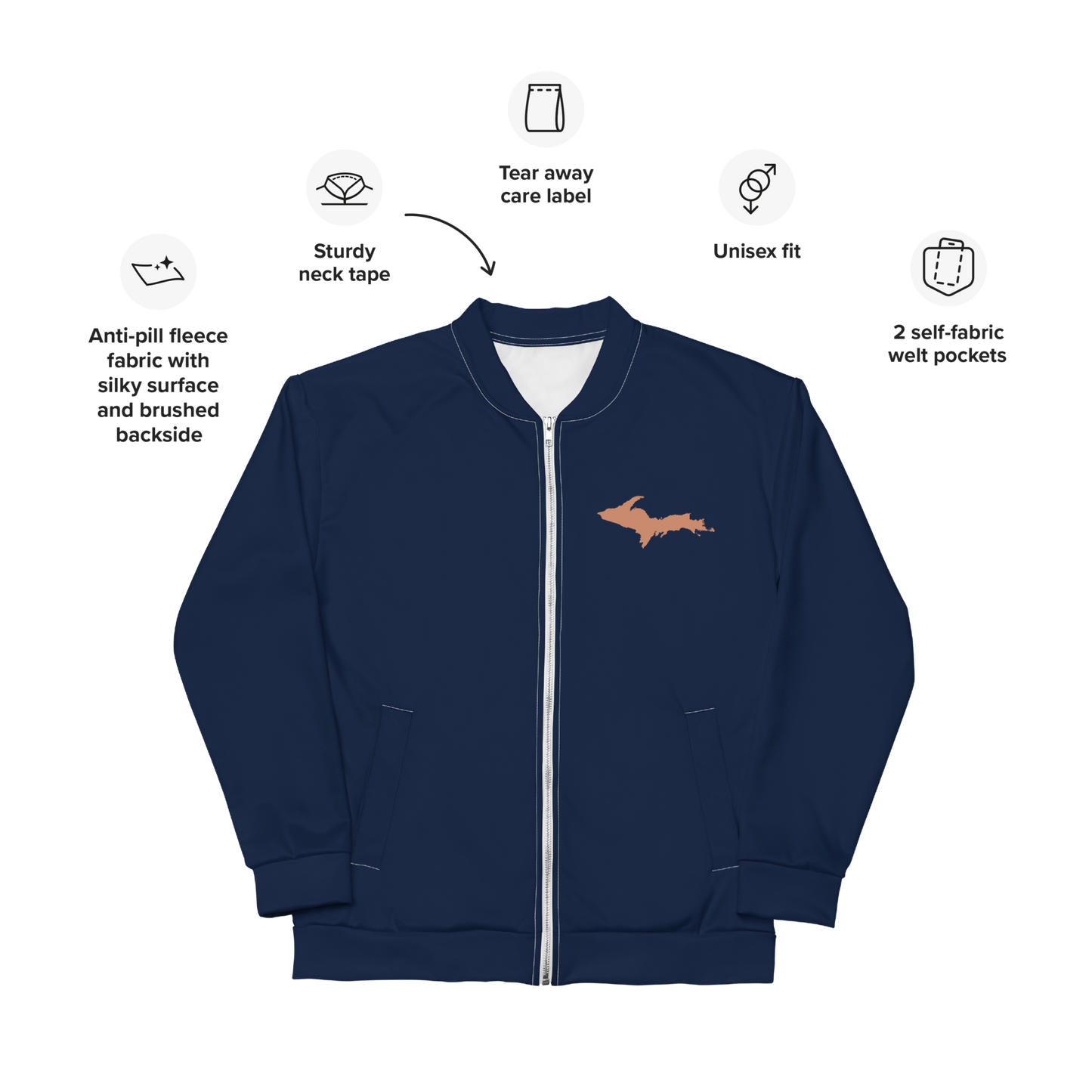 Michigan Upper Peninsula Bomber Jacket (Navy w/ Copper UP Outline)