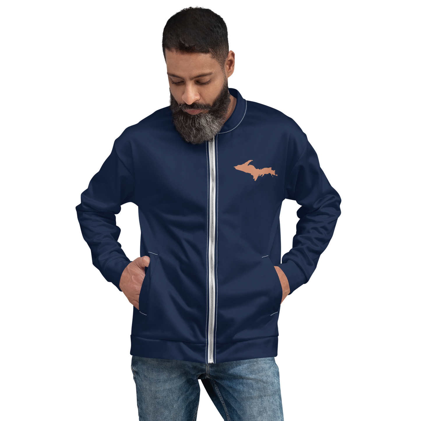 Michigan Upper Peninsula Bomber Jacket (Navy w/ Copper UP Outline)