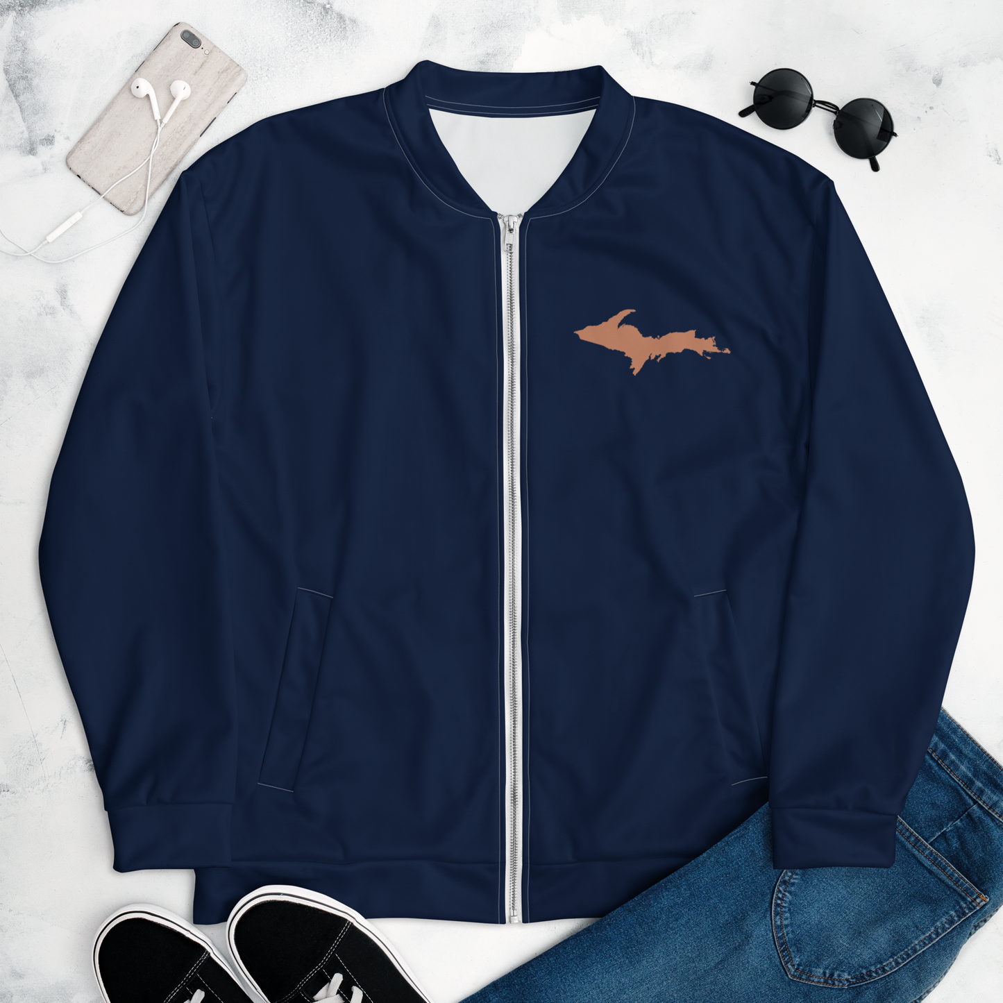 Michigan Upper Peninsula Bomber Jacket (Navy w/ Copper UP Outline)