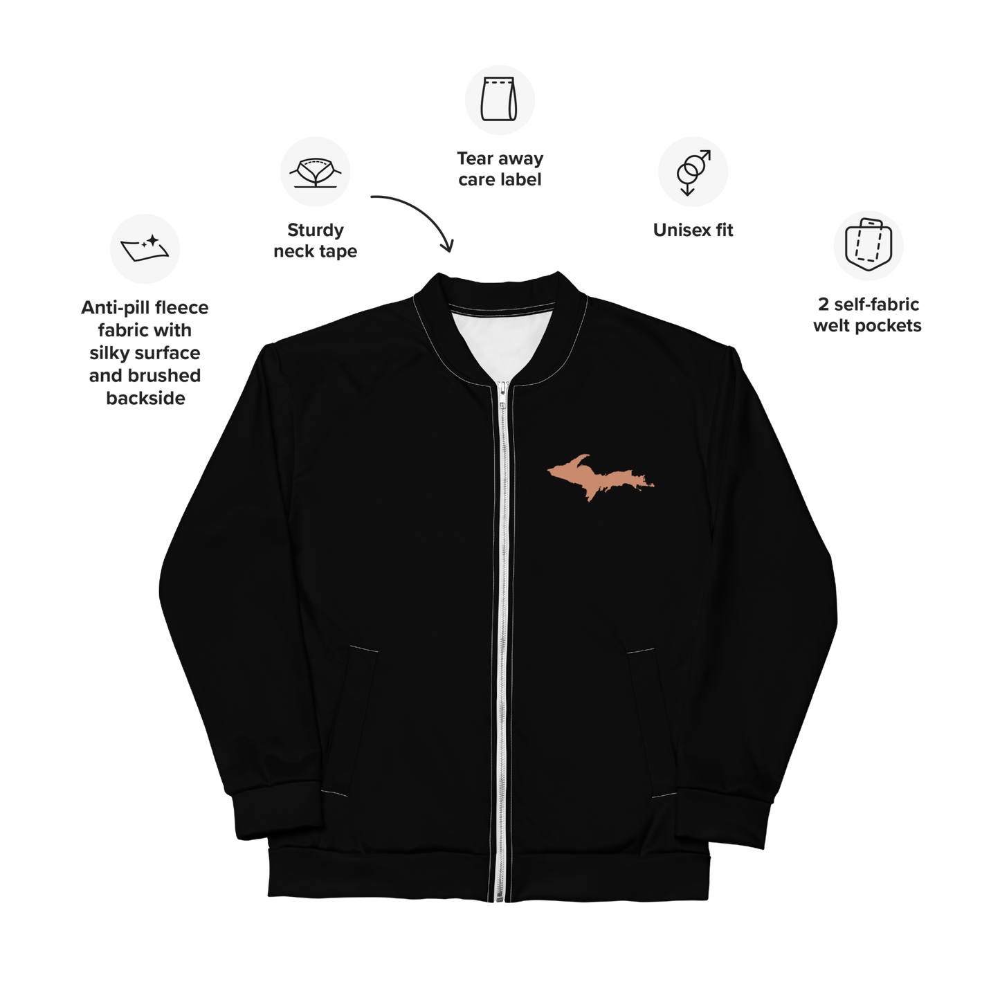 Michigan Upper Peninsula Bomber Jacket (w/ Copper UP Outline) | Black