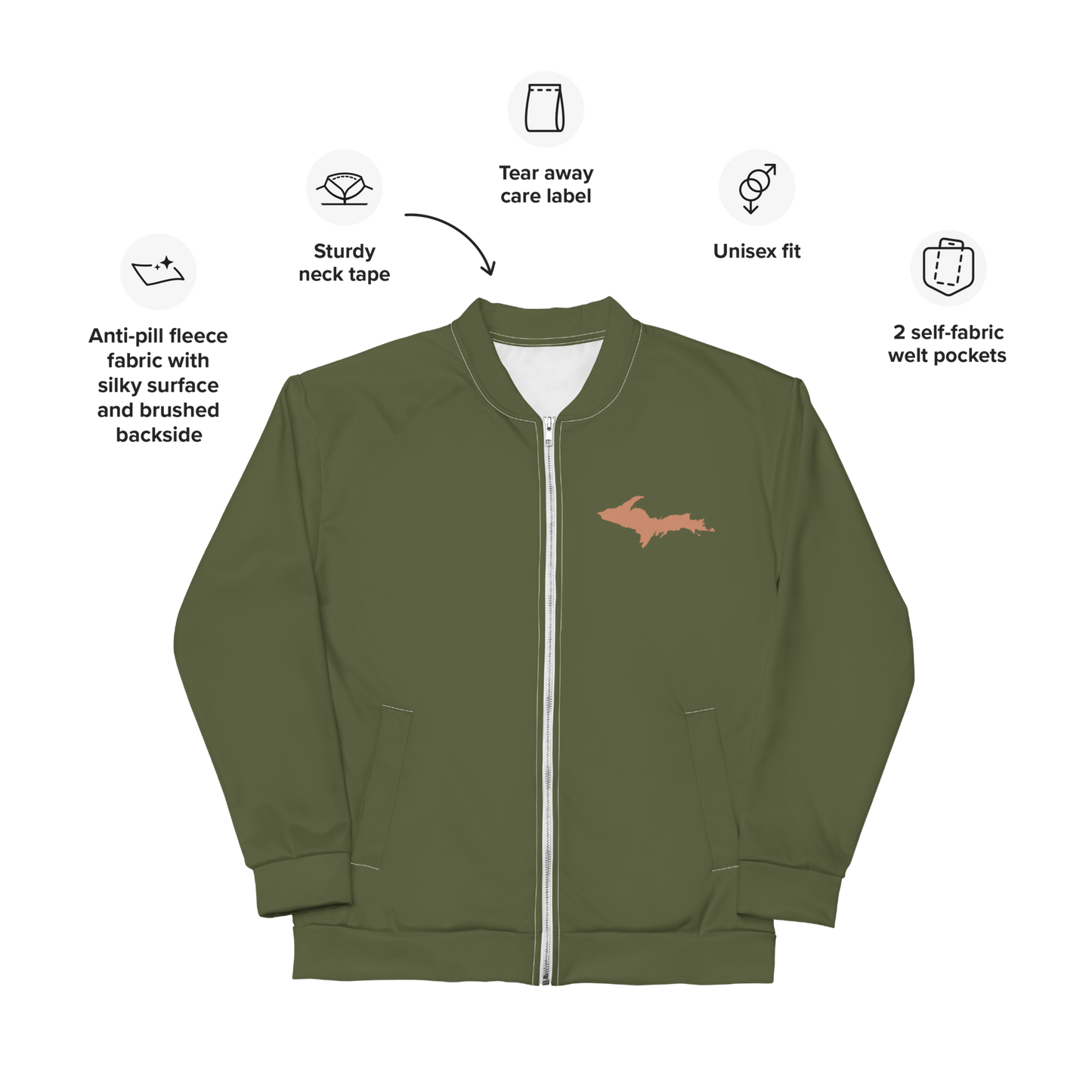 Michigan Upper Peninsula Bomber Jacket (w/ Copper UP Outline) | Army Green