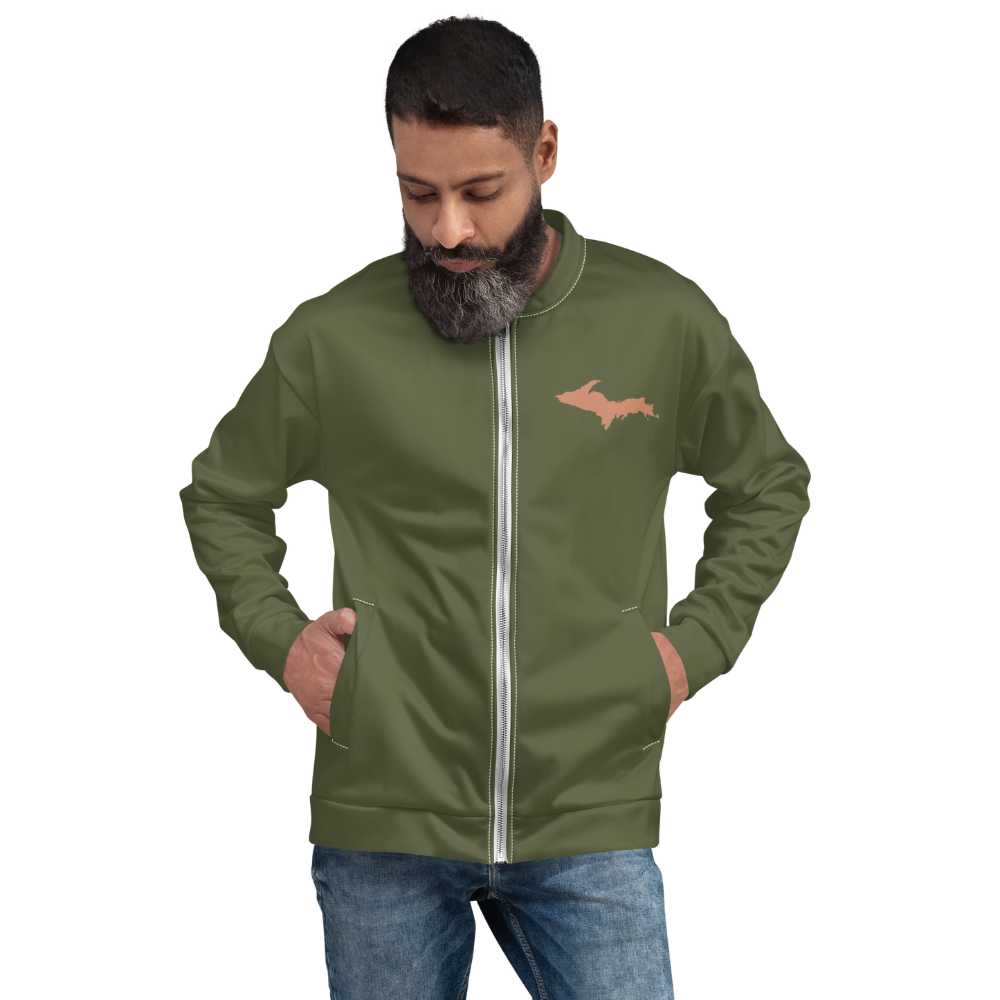 Michigan Upper Peninsula Bomber Jacket (w/ Copper UP Outline) | Army Green