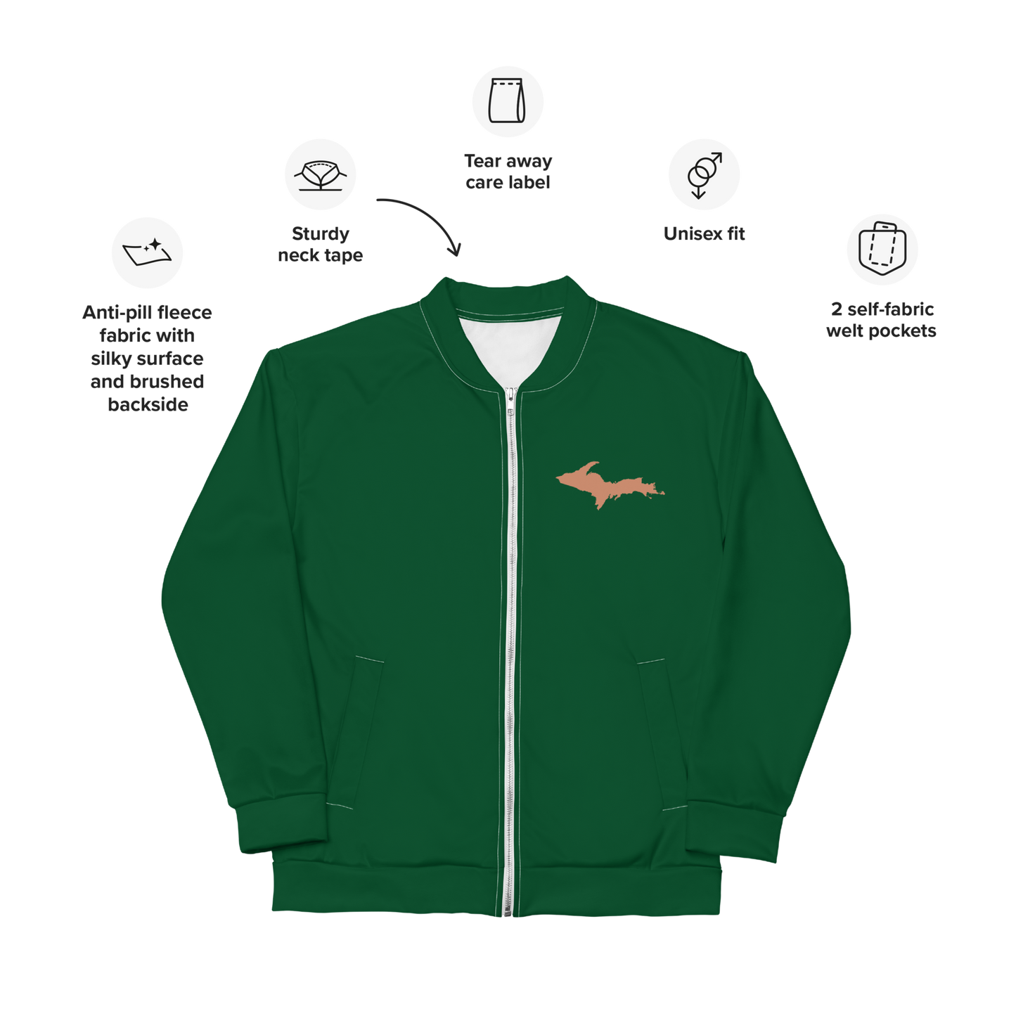 Michigan Upper Peninsula Bomber Jacket (w/ Copper UP Outline) | Green