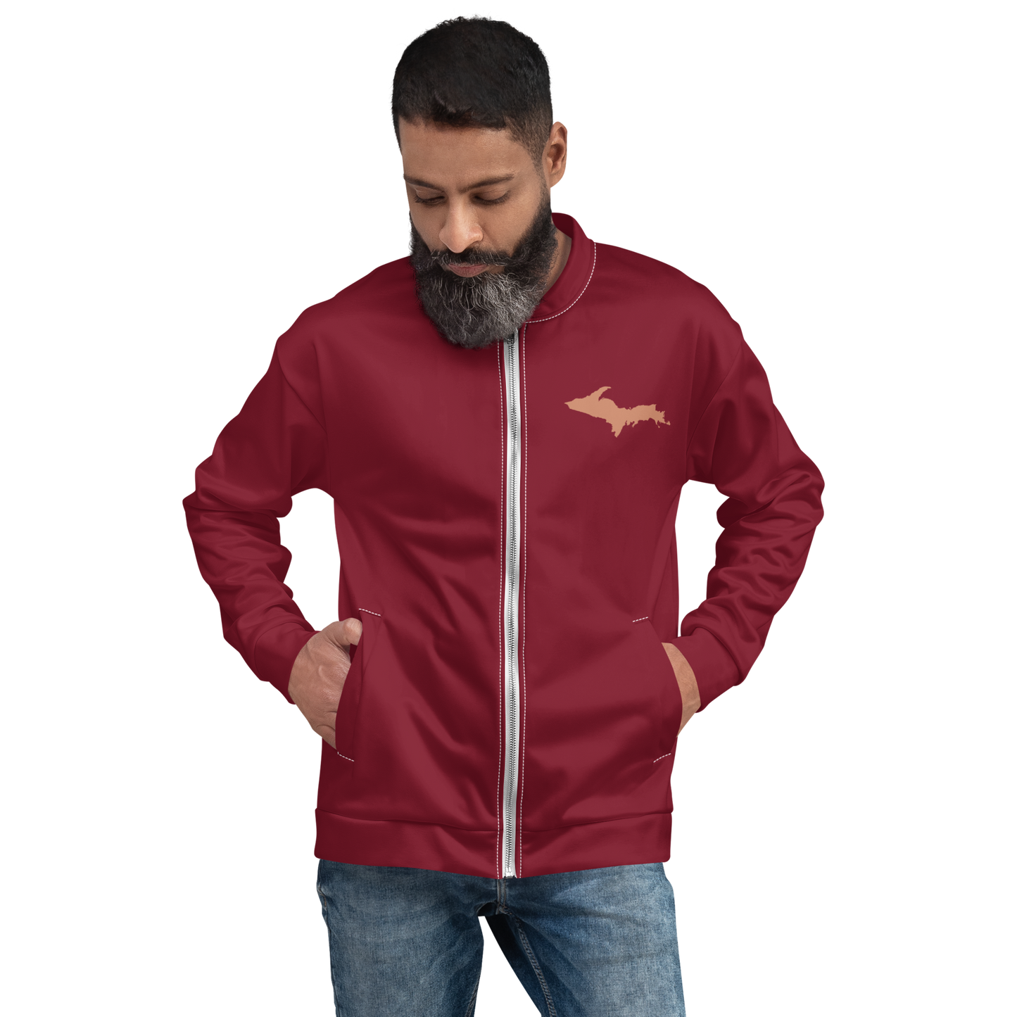 Michigan Upper Peninsula Bomber Jacket (w/ Copper UP Outline) | Burgundy