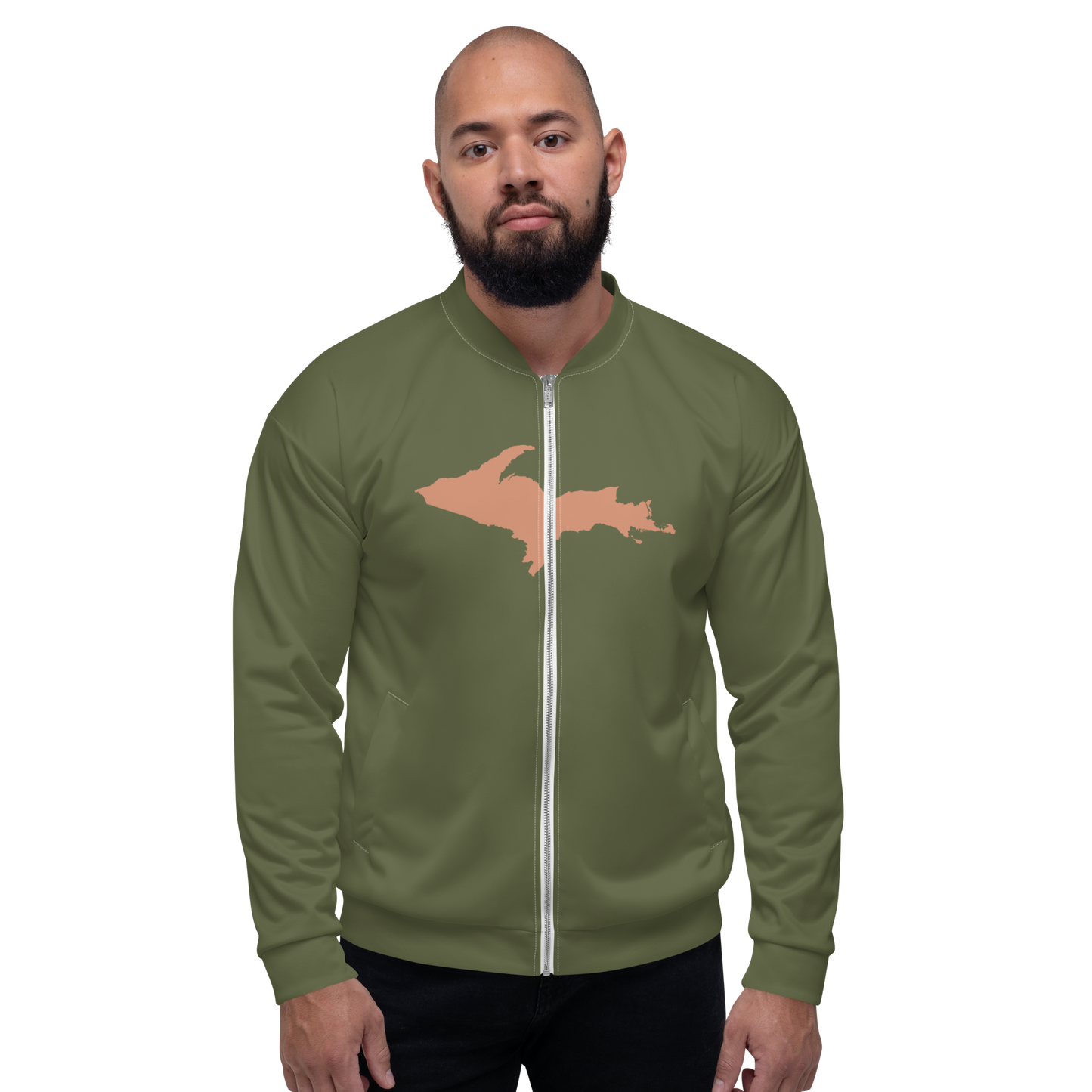 Michigan Upper Peninsula Bomber Jacket (w/ Large Copper UP Outline) | Army Green