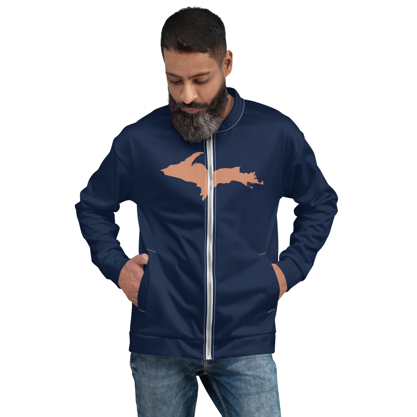 Michigan Upper Peninsula Bomber Jacket (w/ Large Copper UP Outline) | Navy