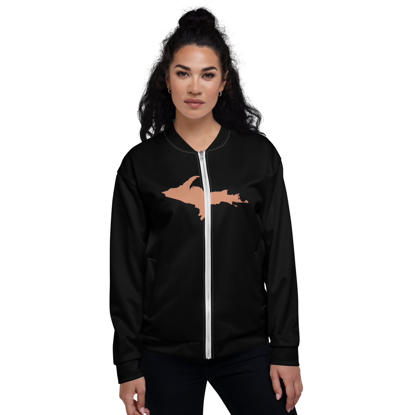 Michigan Upper Peninsula Bomber Jacket (w/ Large Copper UP Outline) | Black