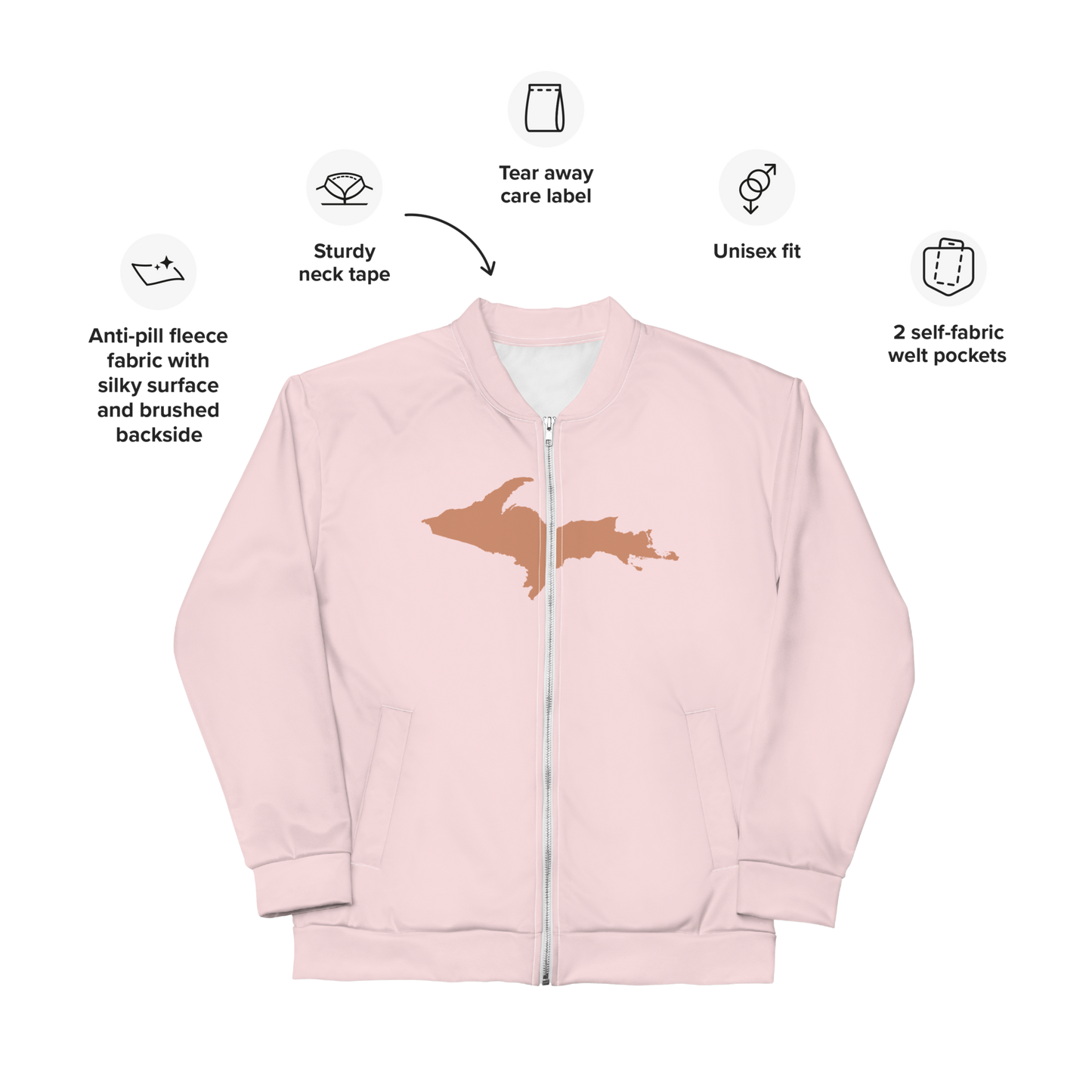 Michigan Upper Peninsula Bomber Jacket (w/ Large Copper UP Outline) | Pale Pink