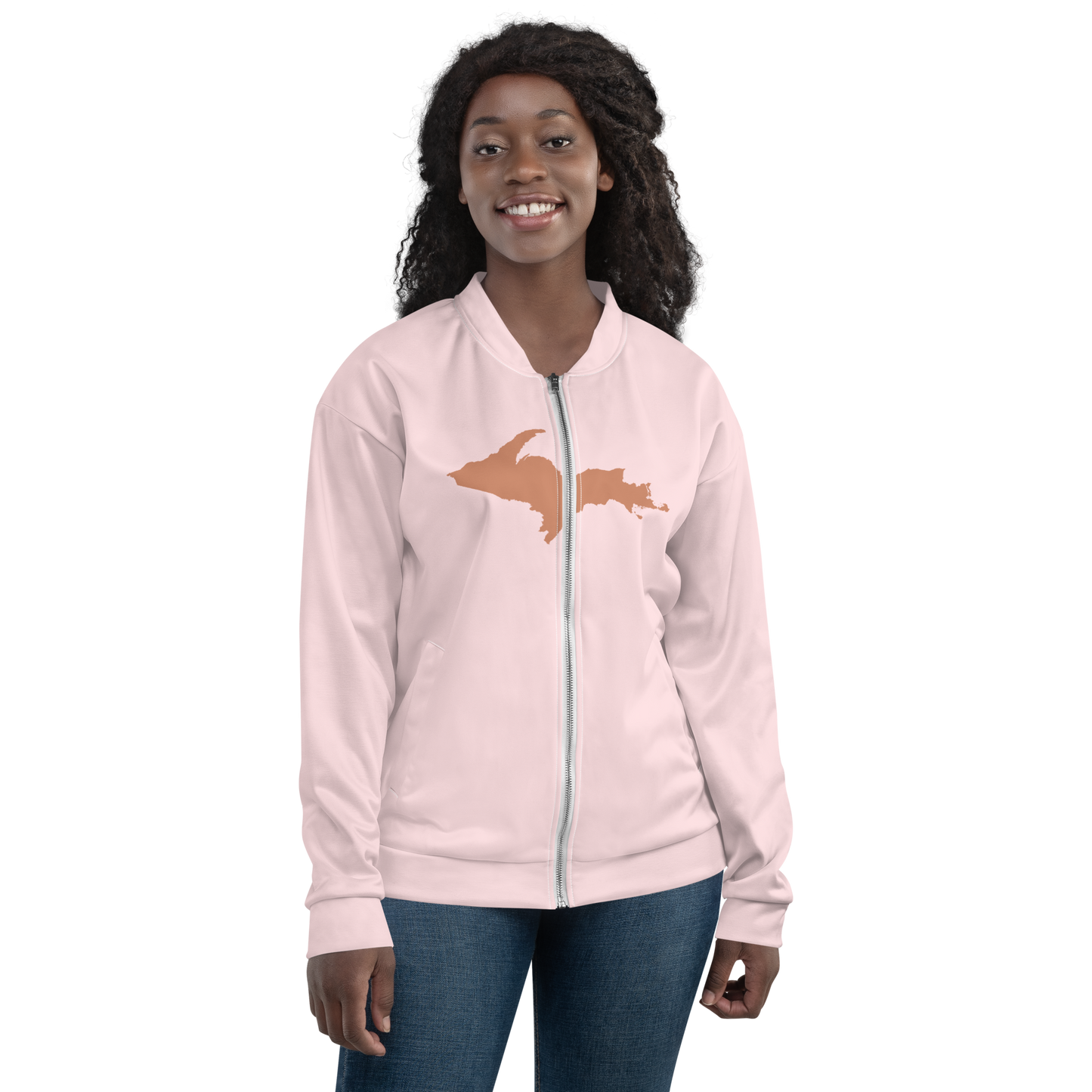 Michigan Upper Peninsula Bomber Jacket (w/ Large Copper UP Outline) | Pale Pink