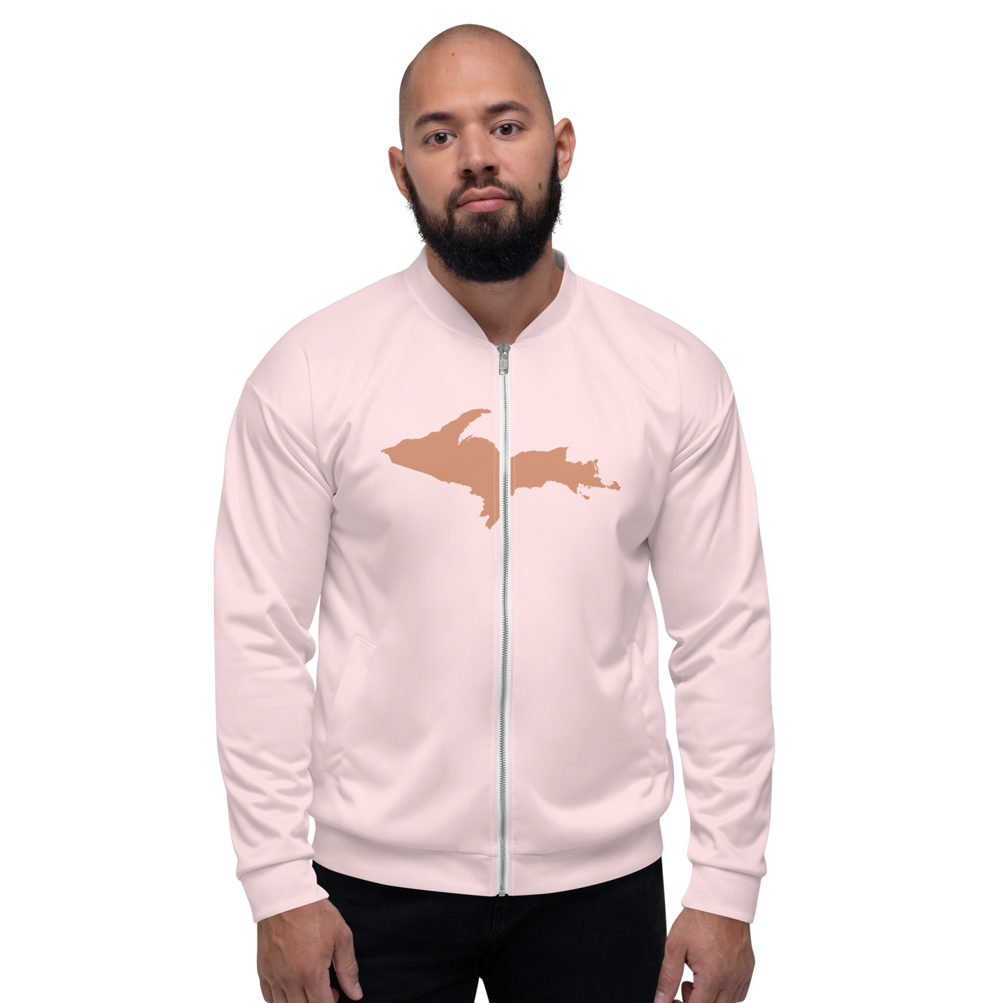 Michigan Upper Peninsula Bomber Jacket (w/ Large Copper UP Outline) | Pale Pink