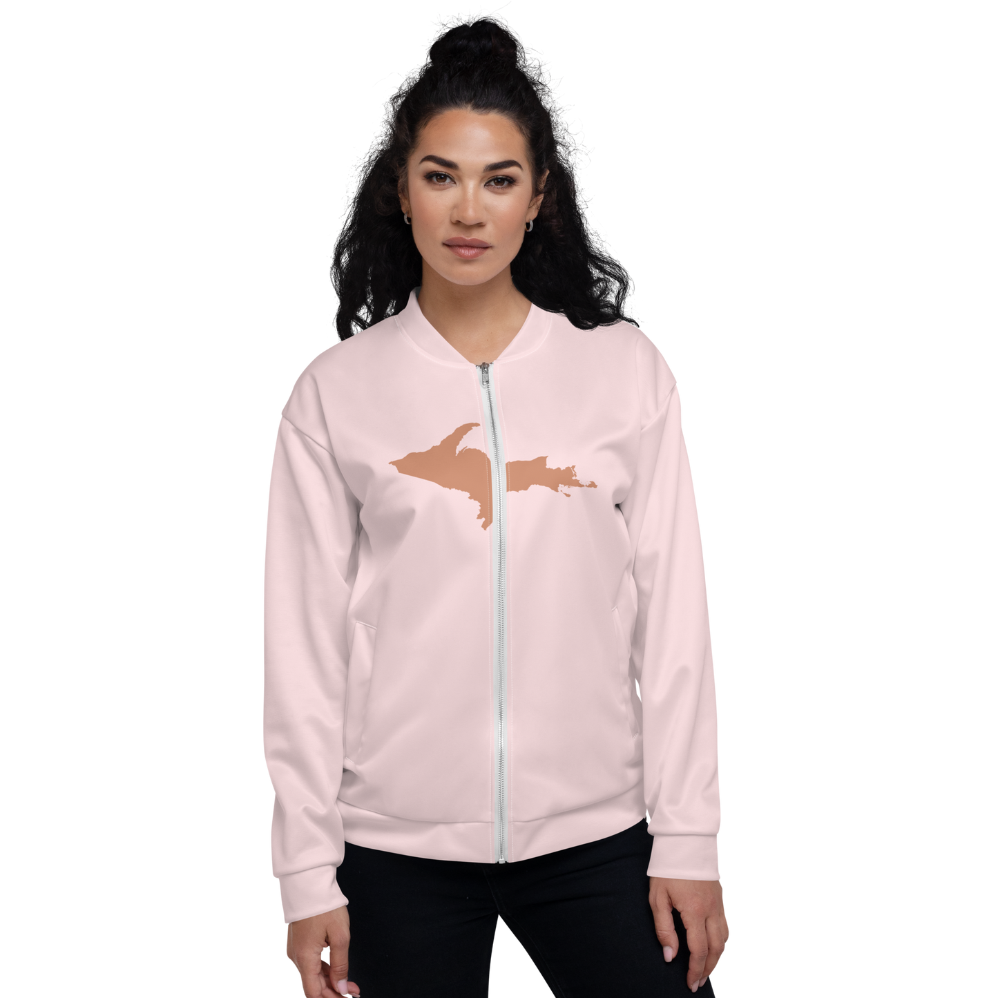 Michigan Upper Peninsula Bomber Jacket (w/ Large Copper UP Outline) | Pale Pink