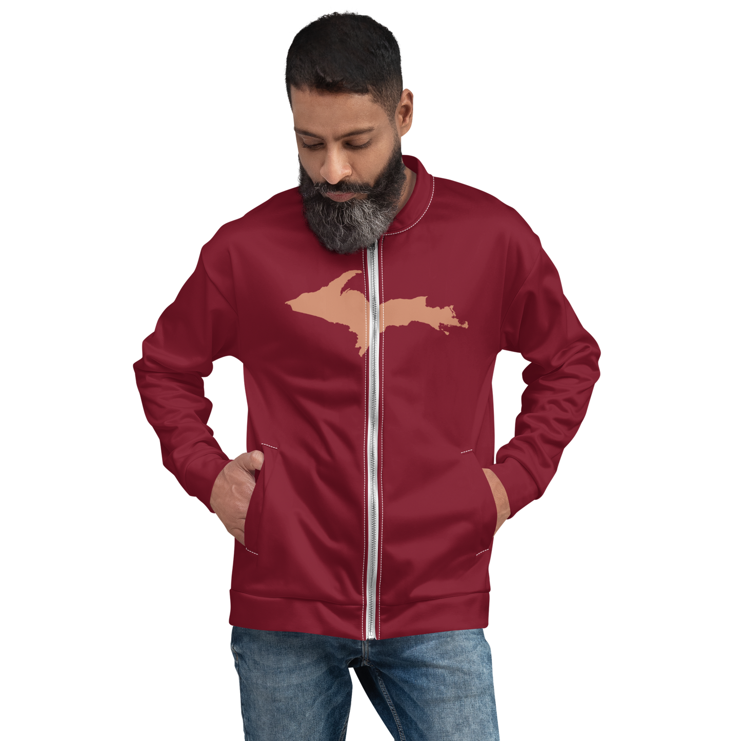 Michigan Upper Peninsula Bomber Jacket (w/ Large Copper UP Outline) | Burgandy