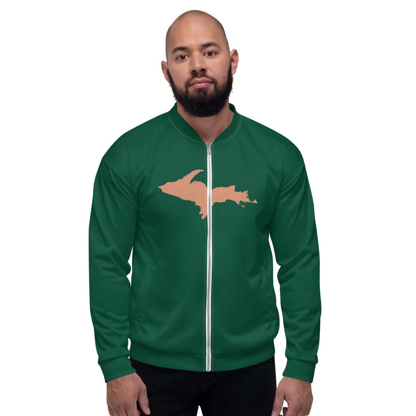 Michigan Upper Peninsula Bomber Jacket (w/ Large Copper UP Outline) | Green