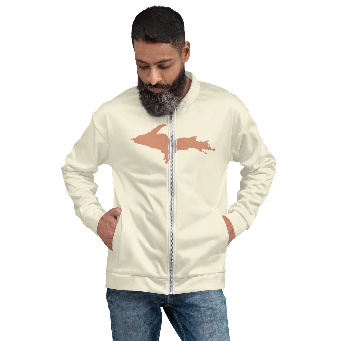 Michigan Upper Peninsula Bomber Jacket (w/ Large Copper UP Outline) | Ivory White