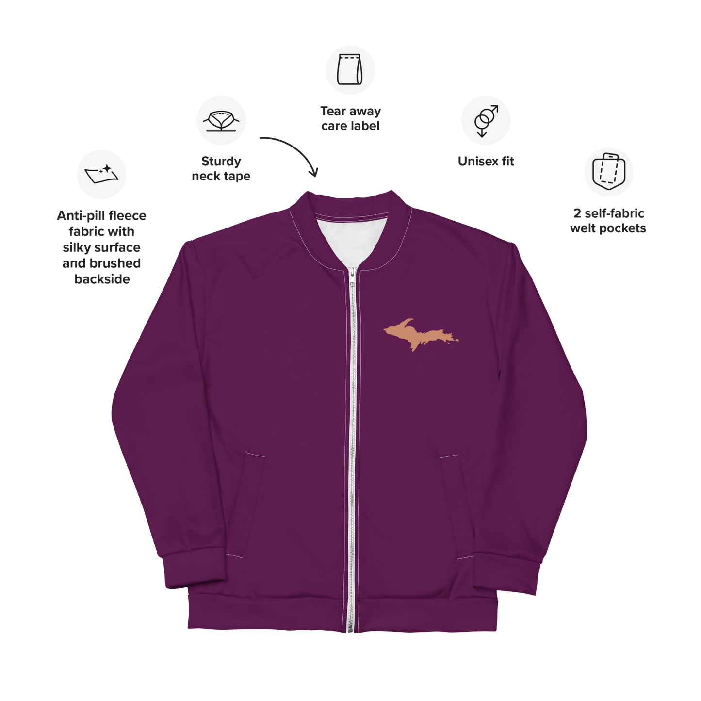 Michigan Upper Peninsula Bomber Jacket (w/ Large Copper UP Outline) | Tyrian Purple