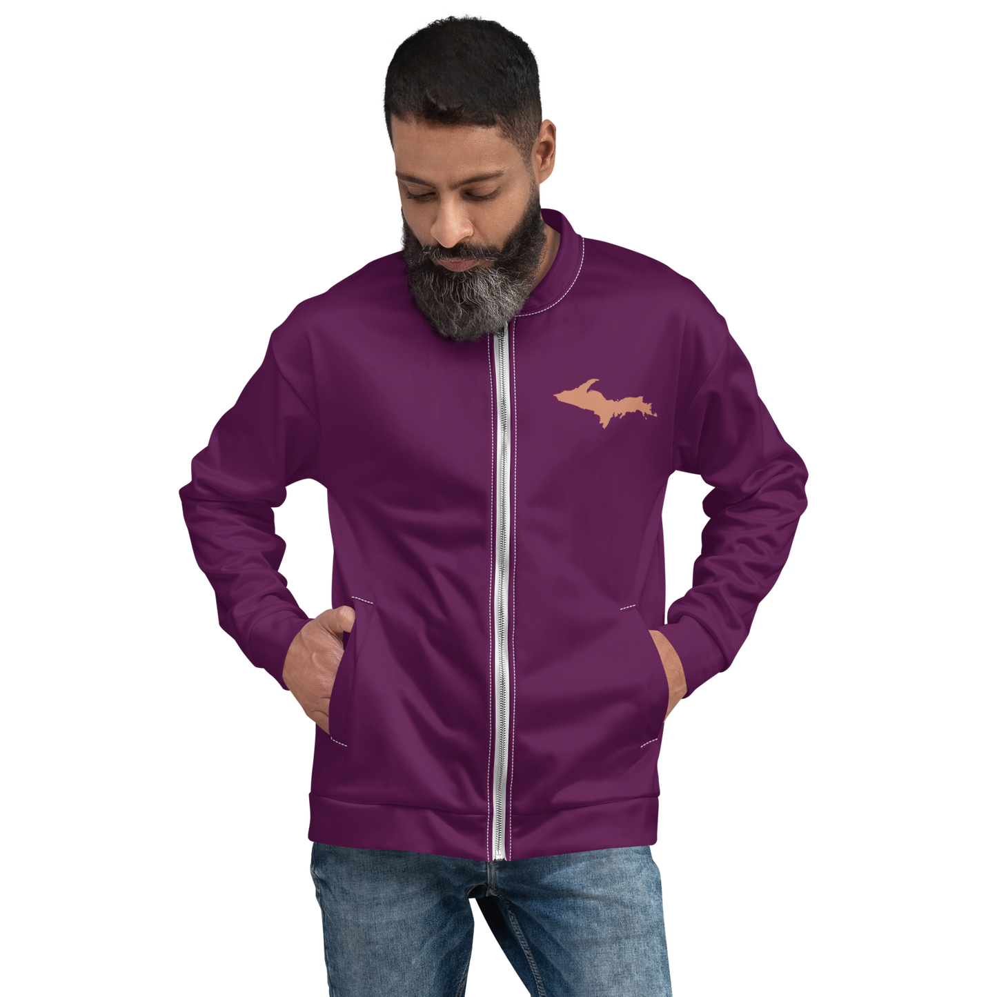 Michigan Upper Peninsula Bomber Jacket (w/ Large Copper UP Outline) | Tyrian Purple