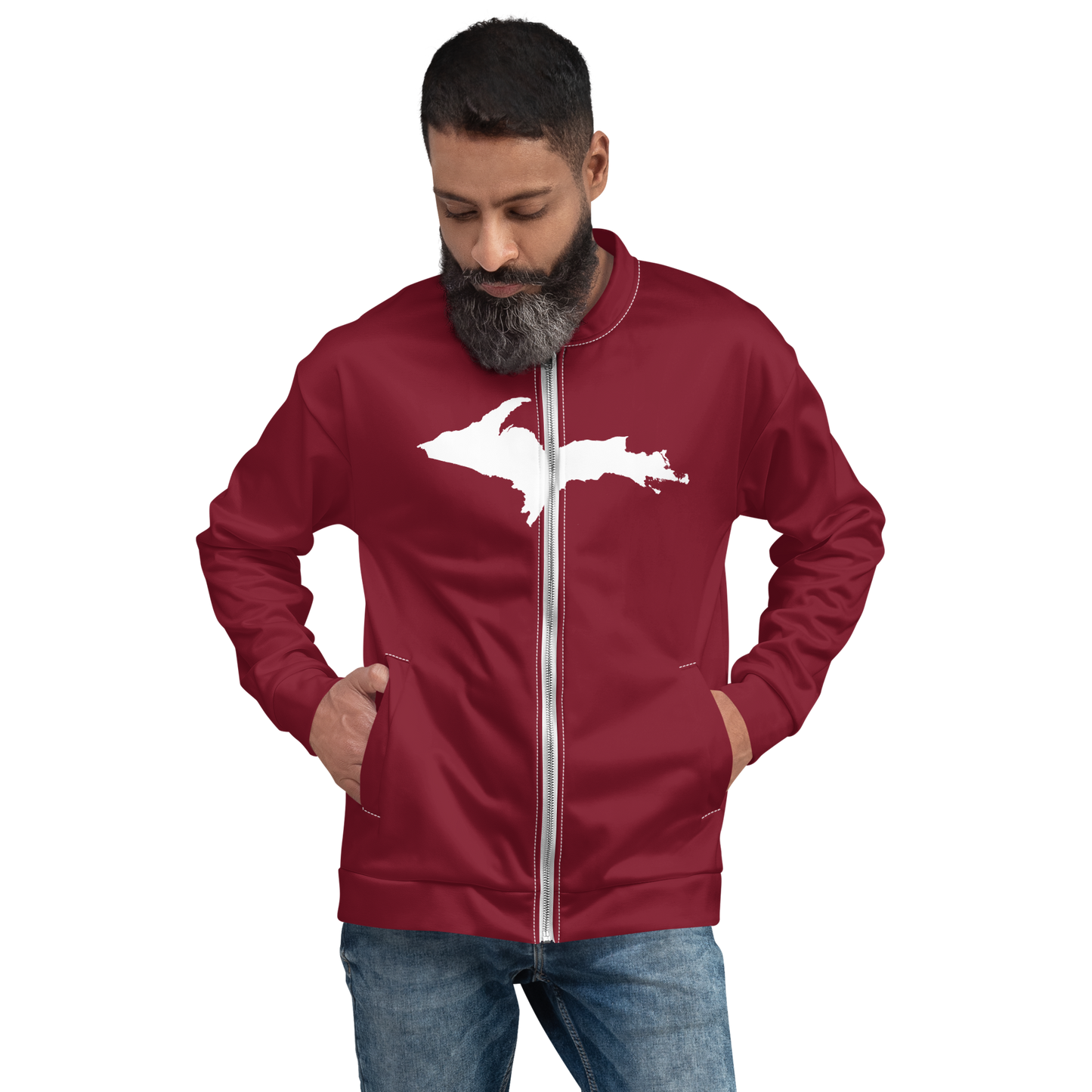 Michigan Upper Peninsula Bomber Jacket (w/ Large UP Outline) | Burgundy