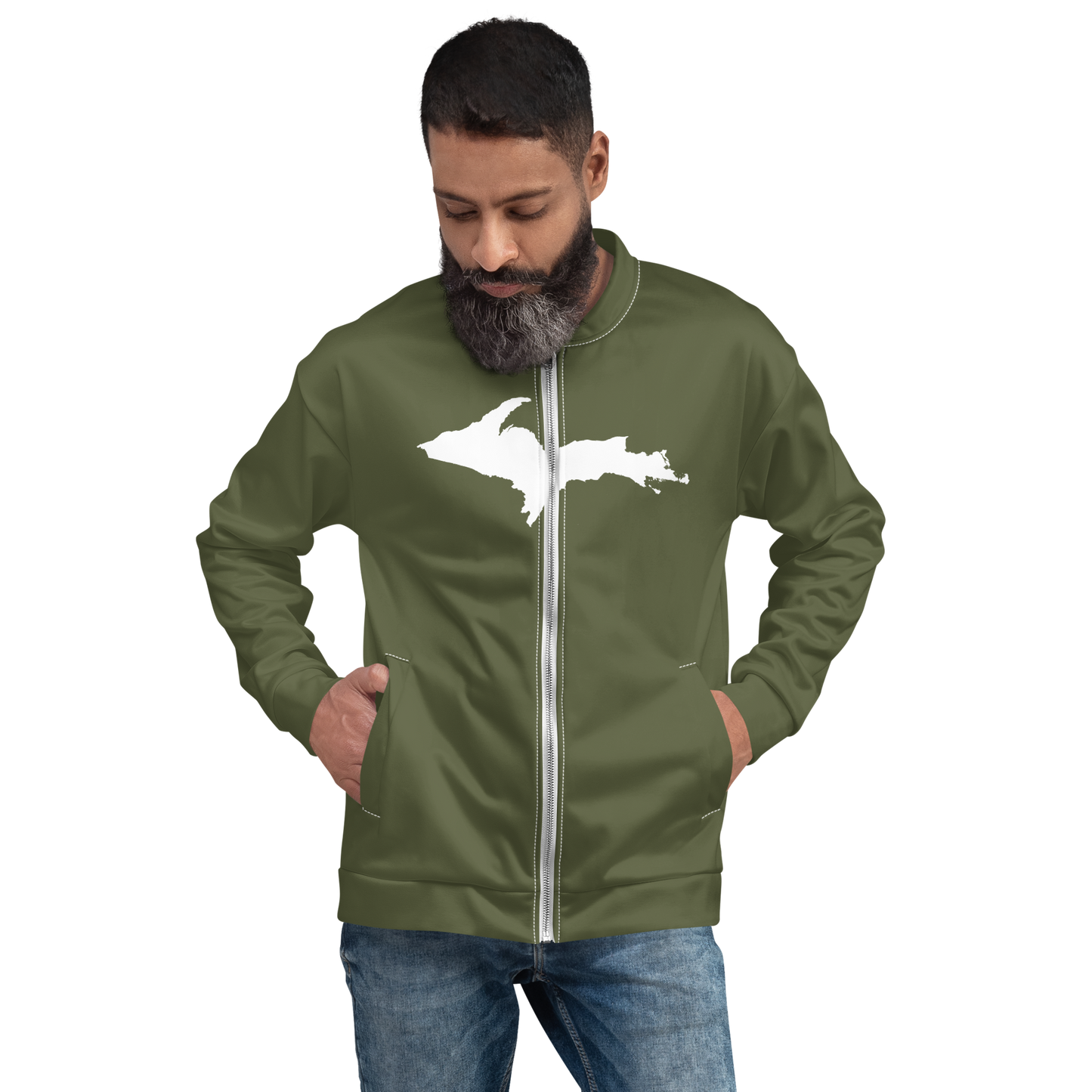 Michigan Upper Peninsula Bomber Jacket (w/ Large UP Outline) | Army Green