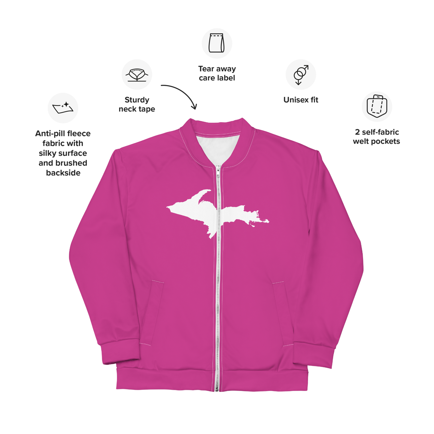 Michigan Upper Peninsula Bomber Jacket (w/ Large UP Outline) | Apple Blossom Pink