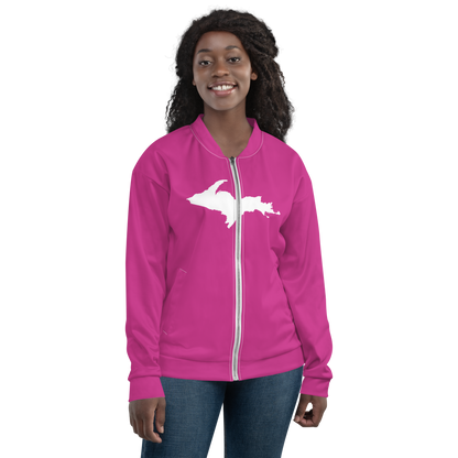 Michigan Upper Peninsula Bomber Jacket (w/ Large UP Outline) | Apple Blossom Pink