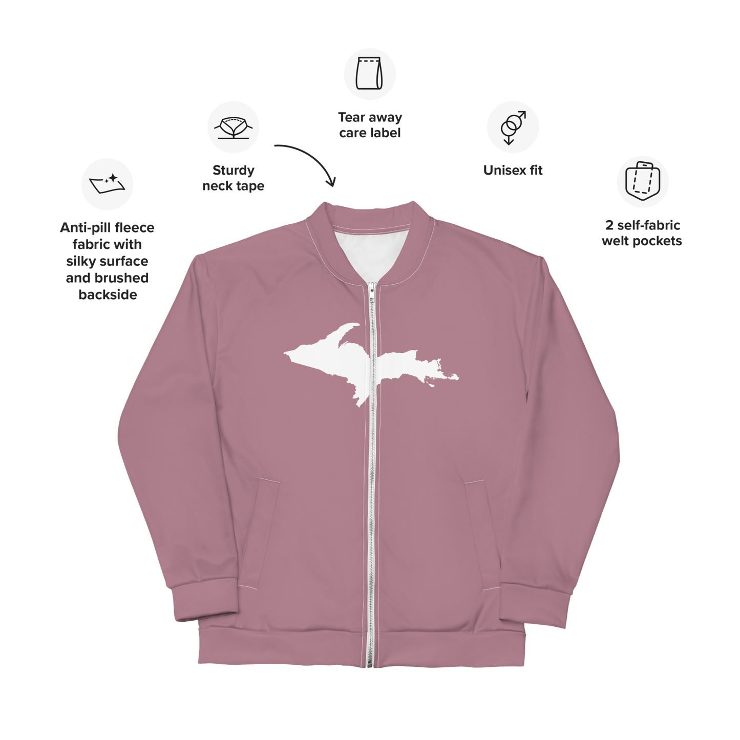 Michigan Upper Peninsula Bomber Jacket (w/ Large UP Outline) | Cherry Blossom Pink