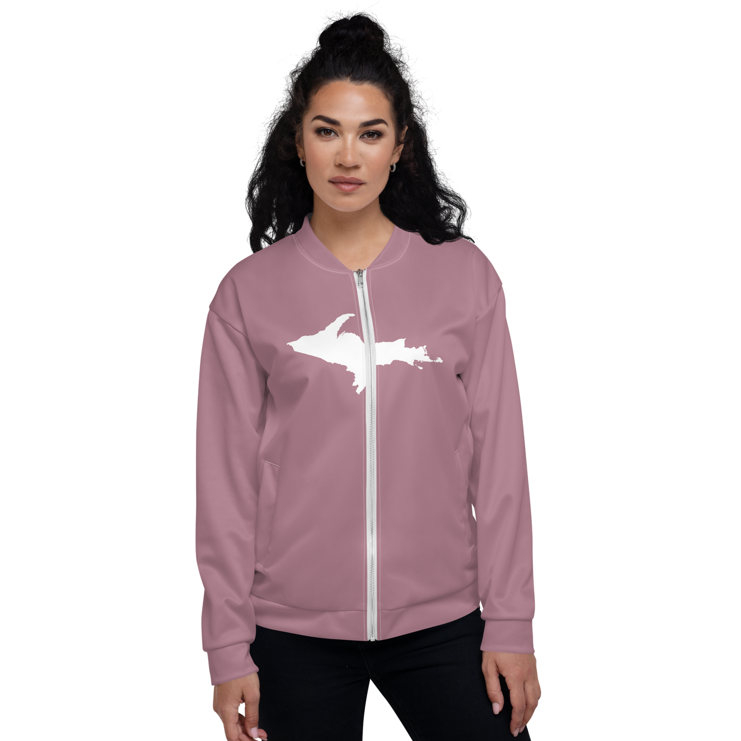 Michigan Upper Peninsula Bomber Jacket (w/ Large UP Outline) | Cherry Blossom Pink