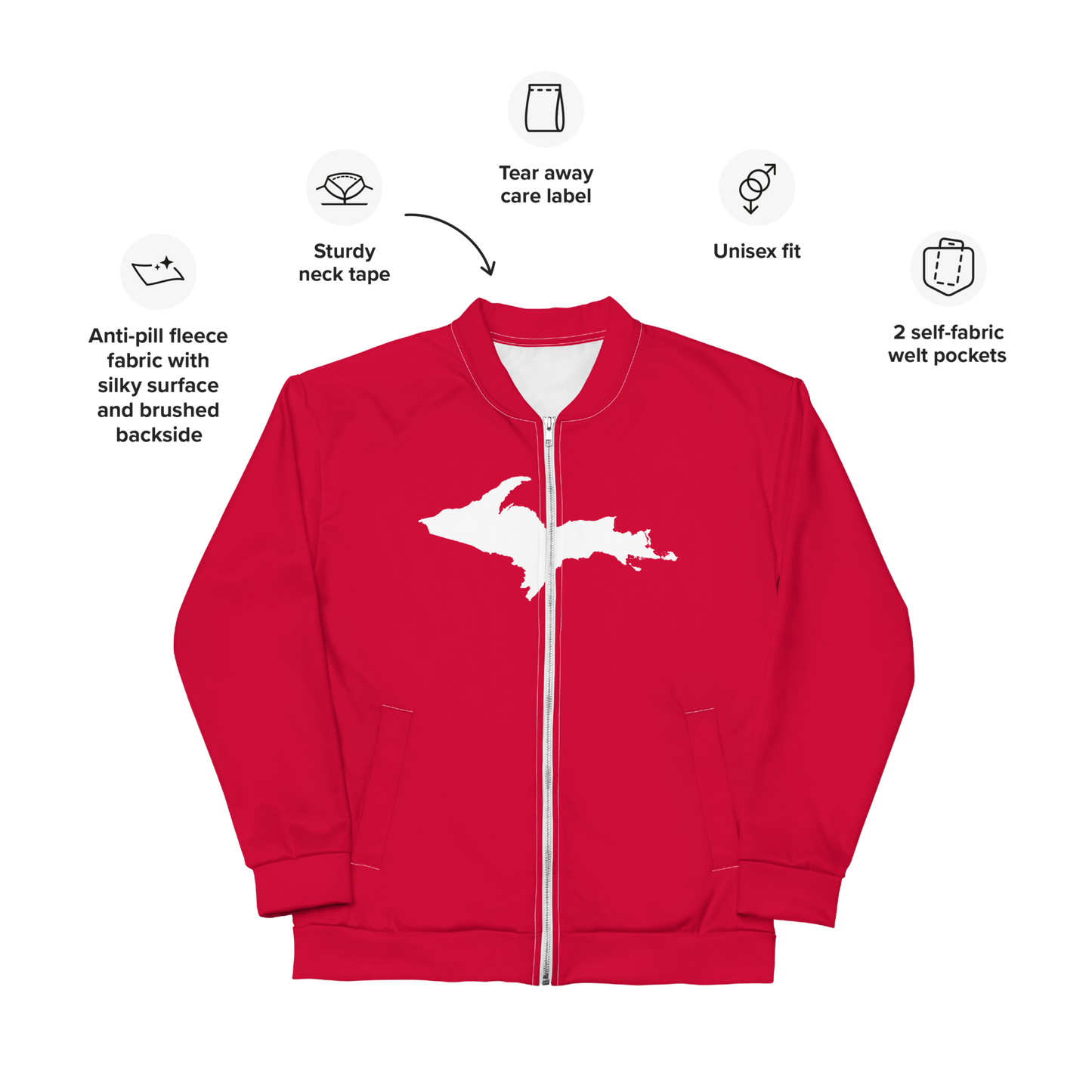 Michigan Upper Peninsula Bomber Jacket (w/ Large UP Outline) | Lighthouse Red