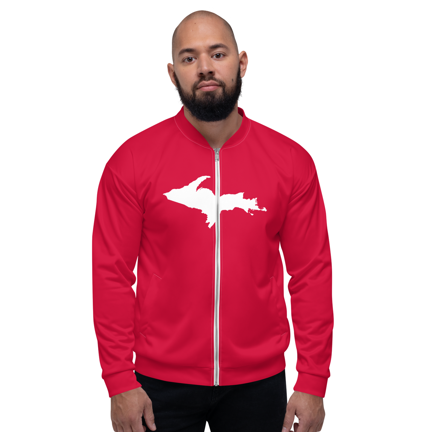 Michigan Upper Peninsula Bomber Jacket (w/ Large UP Outline) | Lighthouse Red