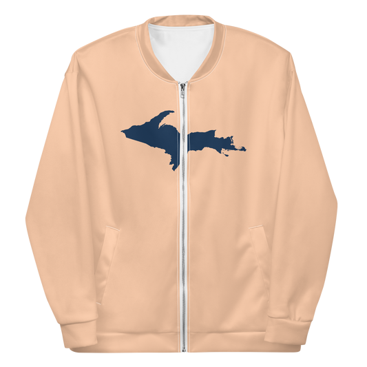 Michigan Upper Peninsula Bomber Jacket (w/ Large Navy UP Outline) | Peach Color