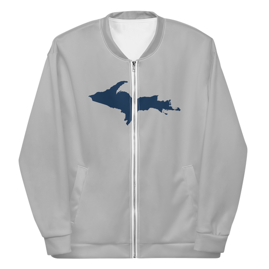 Michigan Upper Peninsula Bomber Jacket (w/ Large Navy UP Outline) | Silver