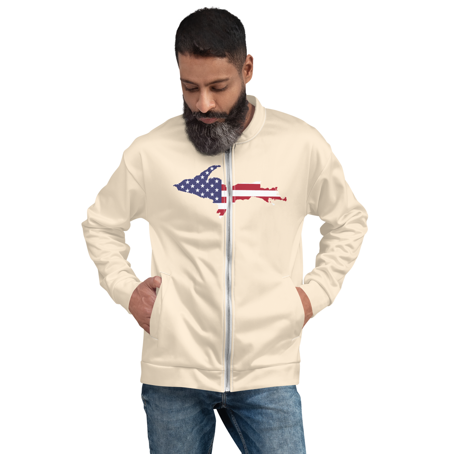 Michigan Upper Peninsula Bomber Jacket (w/ Large UP USA Flag Outline) | Champagne White