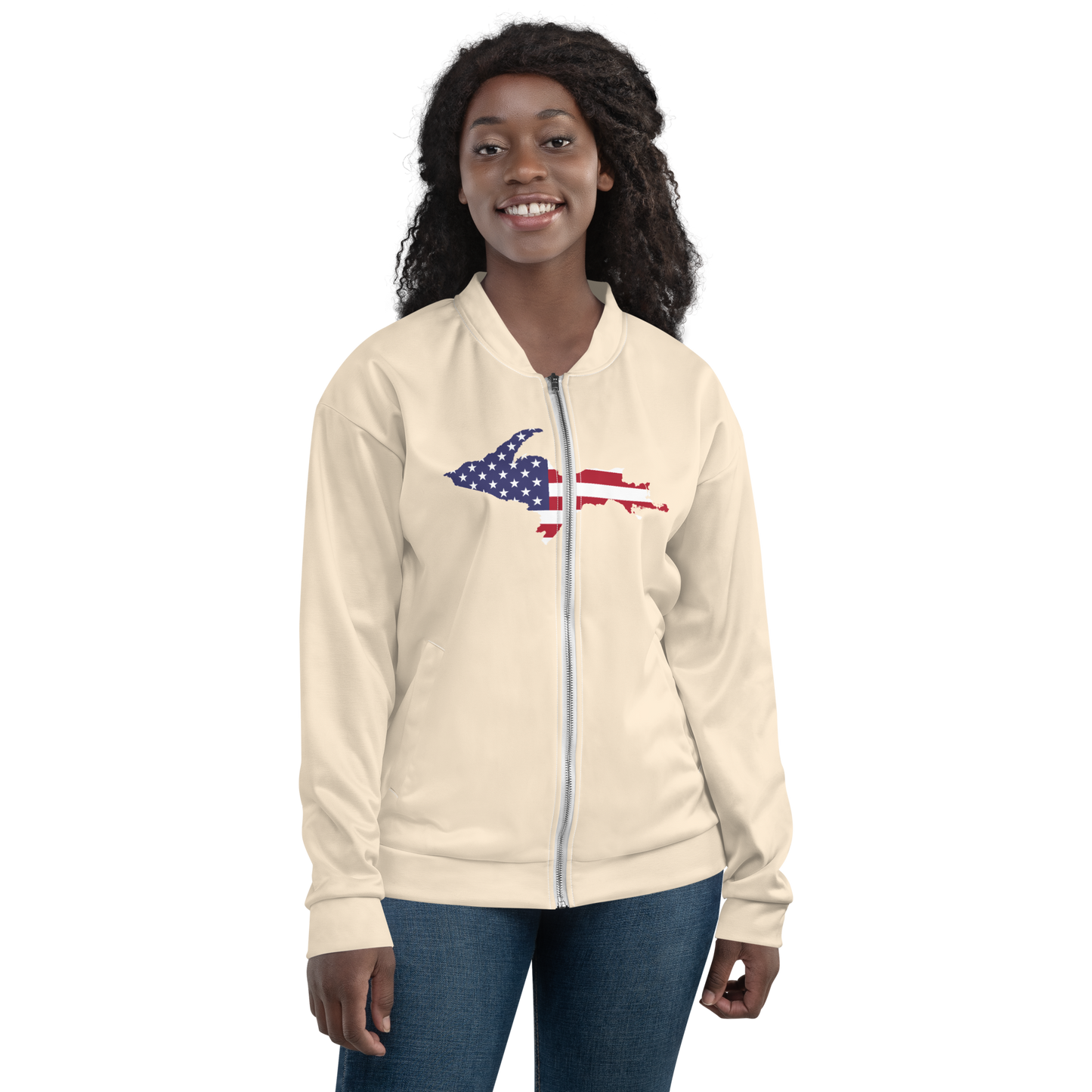 Michigan Upper Peninsula Bomber Jacket (w/ Large UP USA Flag Outline) | Champagne White