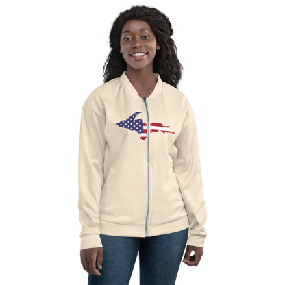 Michigan Upper Peninsula Bomber Jacket (w/ Large UP USA Flag Outline) | Champagne White