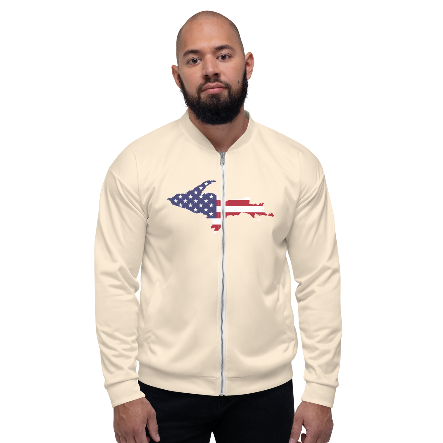 Michigan Upper Peninsula Bomber Jacket (w/ Large UP USA Flag Outline) | Champagne White