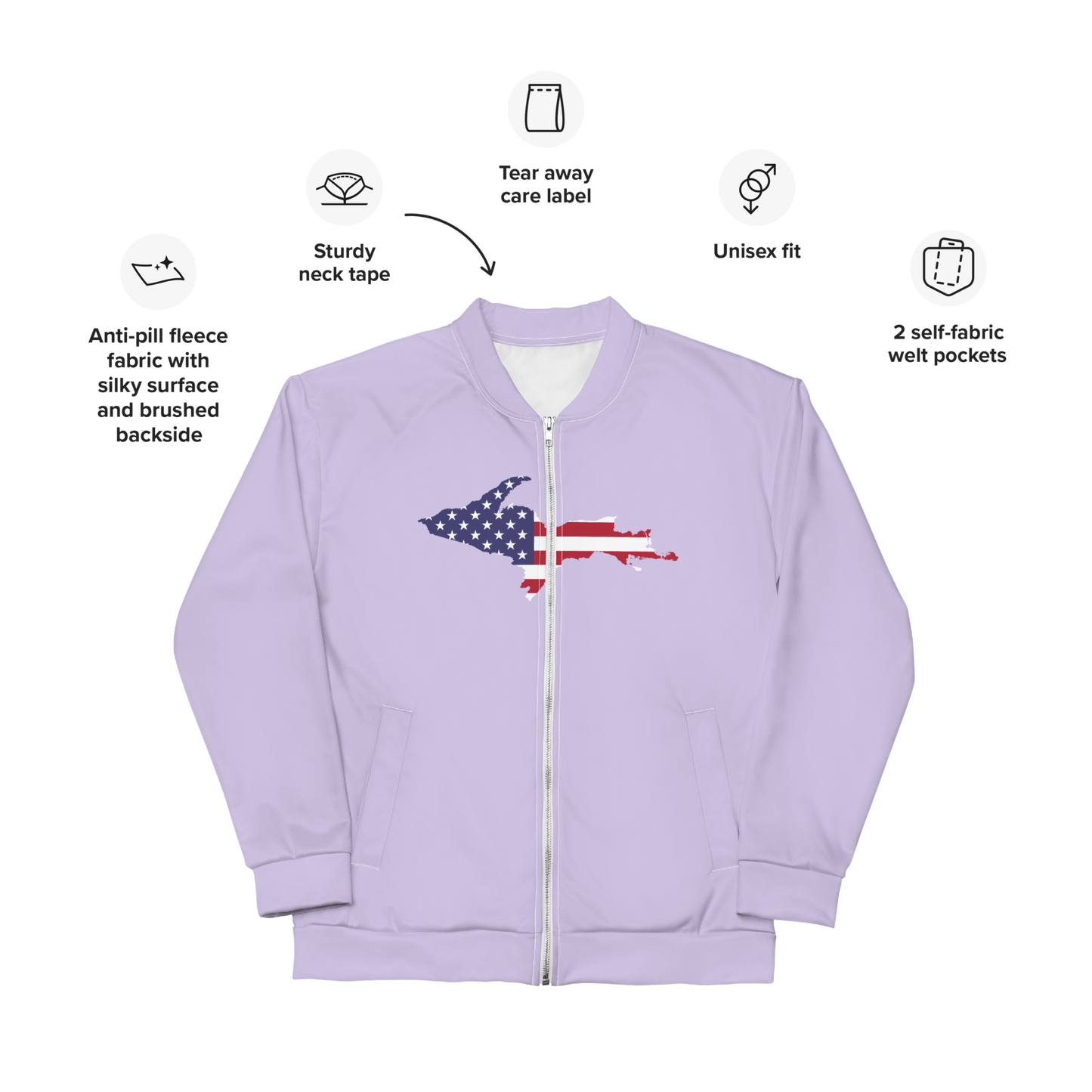 Michigan Upper Peninsula Bomber Jacket (w/ Large UP USA Flag Outline) | Lavender