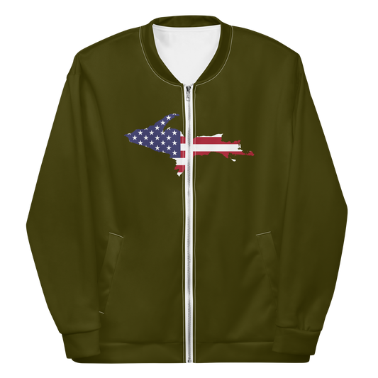 Michigan Upper Peninsula Bomber Jacket (w/ Large UP USA Flag Outline) | Military Green