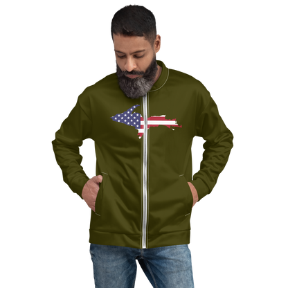 Michigan Upper Peninsula Bomber Jacket (w/ Large UP USA Flag Outline) | Military Green