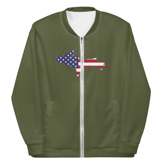 Michigan Upper Peninsula Bomber Jacket (w/ Large UP USA Flag Outline) | Army Green