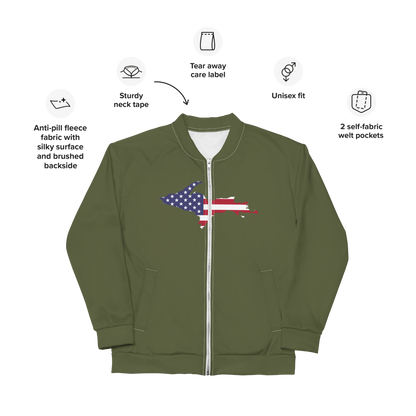 Michigan Upper Peninsula Bomber Jacket (w/ Large UP USA Flag Outline) | Army Green