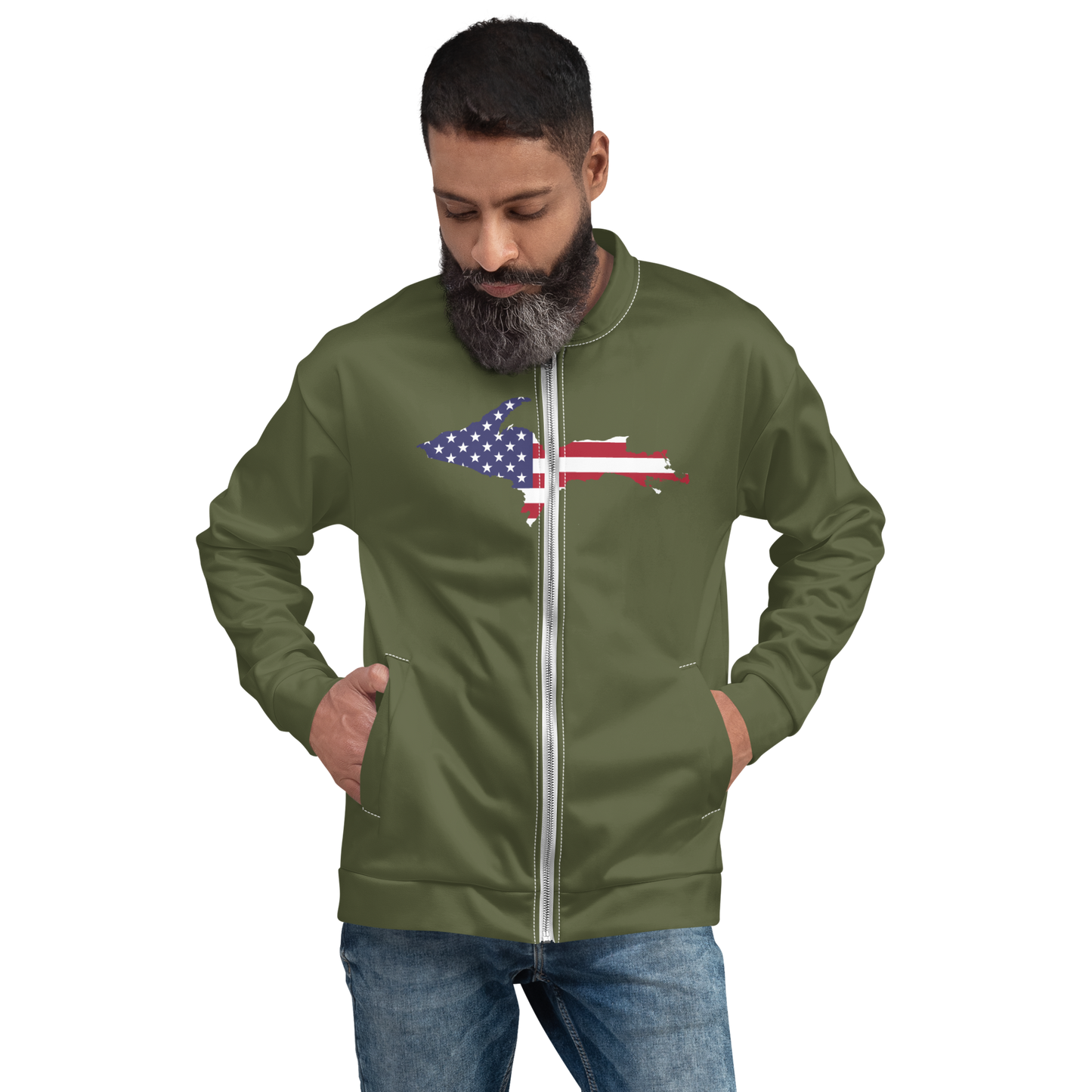 Michigan Upper Peninsula Bomber Jacket (w/ Large UP USA Flag Outline) | Army Green