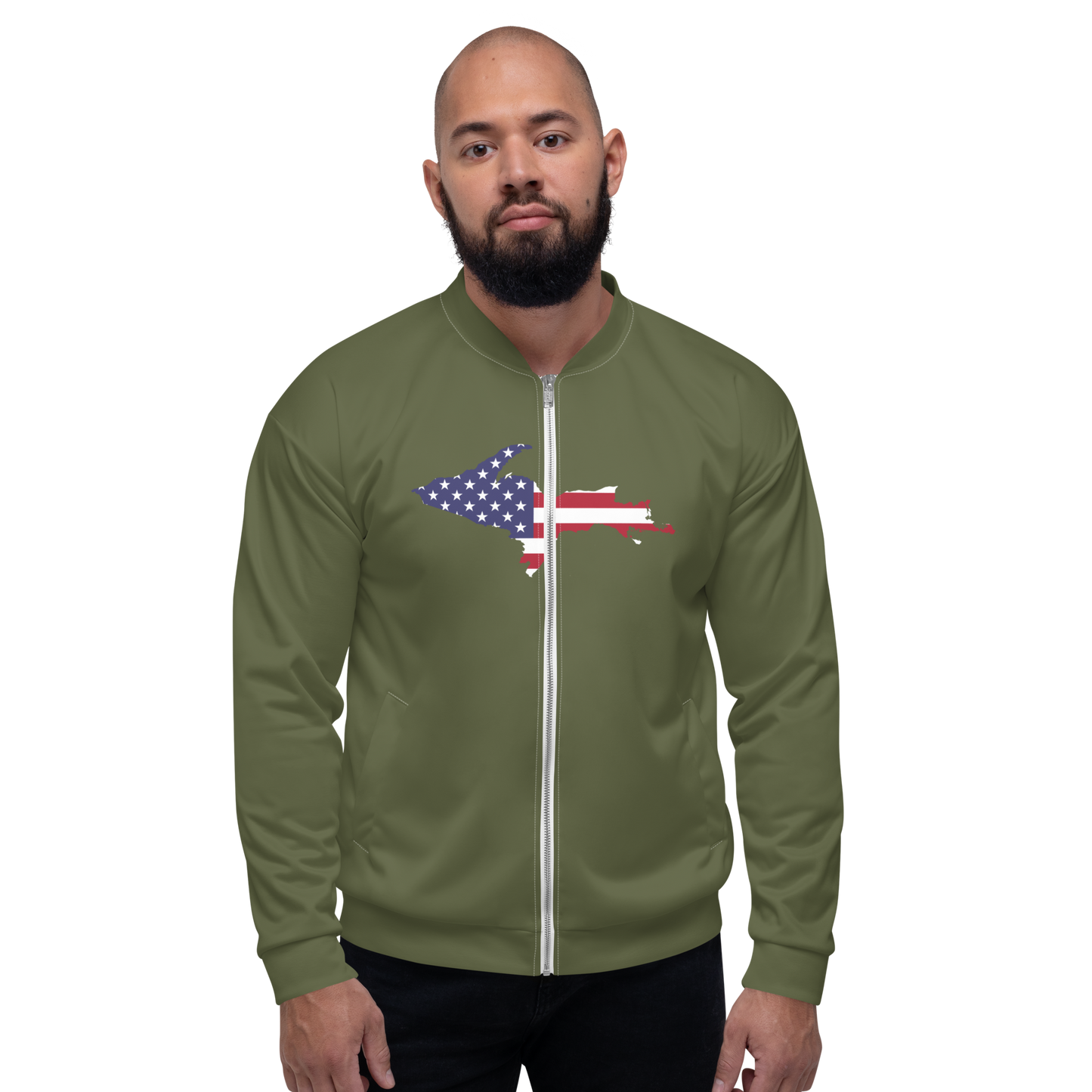 Michigan Upper Peninsula Bomber Jacket (w/ Large UP USA Flag Outline) | Army Green