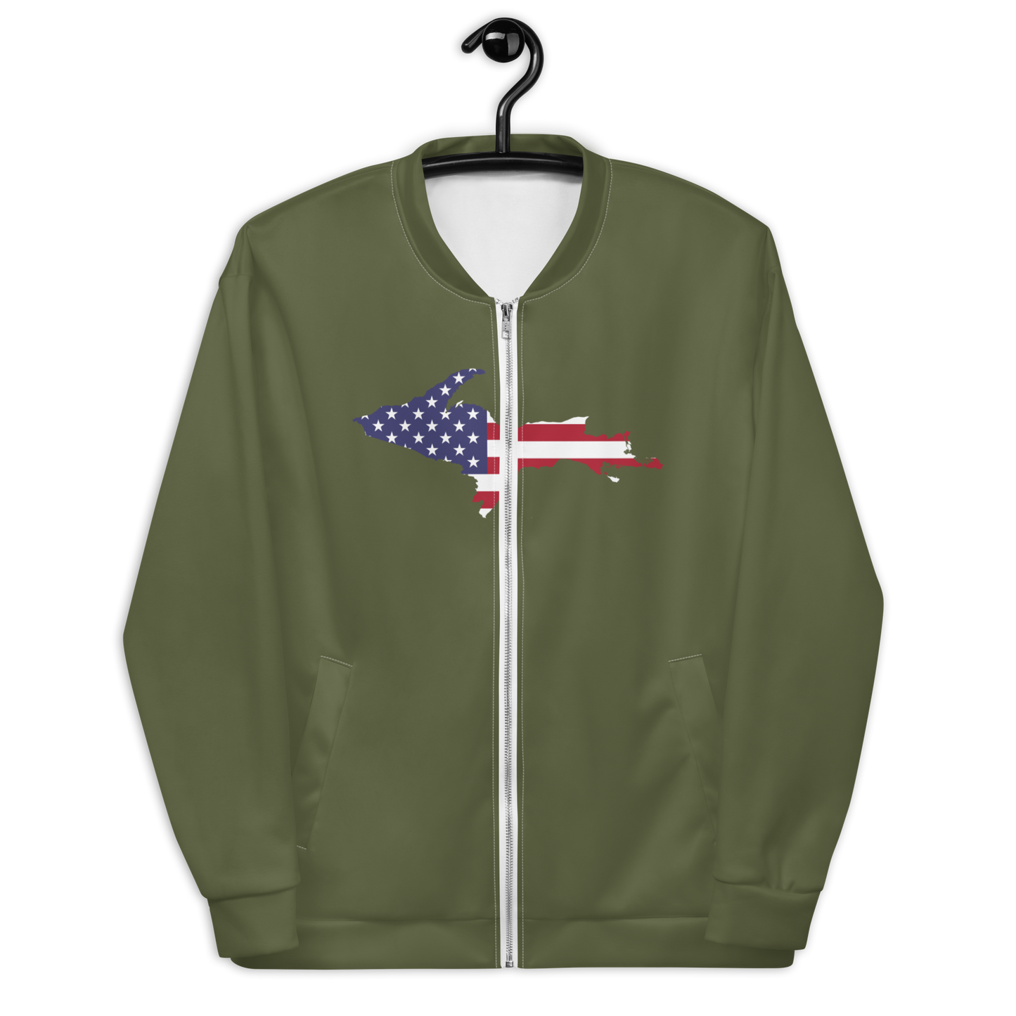 Michigan Upper Peninsula Bomber Jacket (w/ Large UP USA Flag Outline) | Army Green