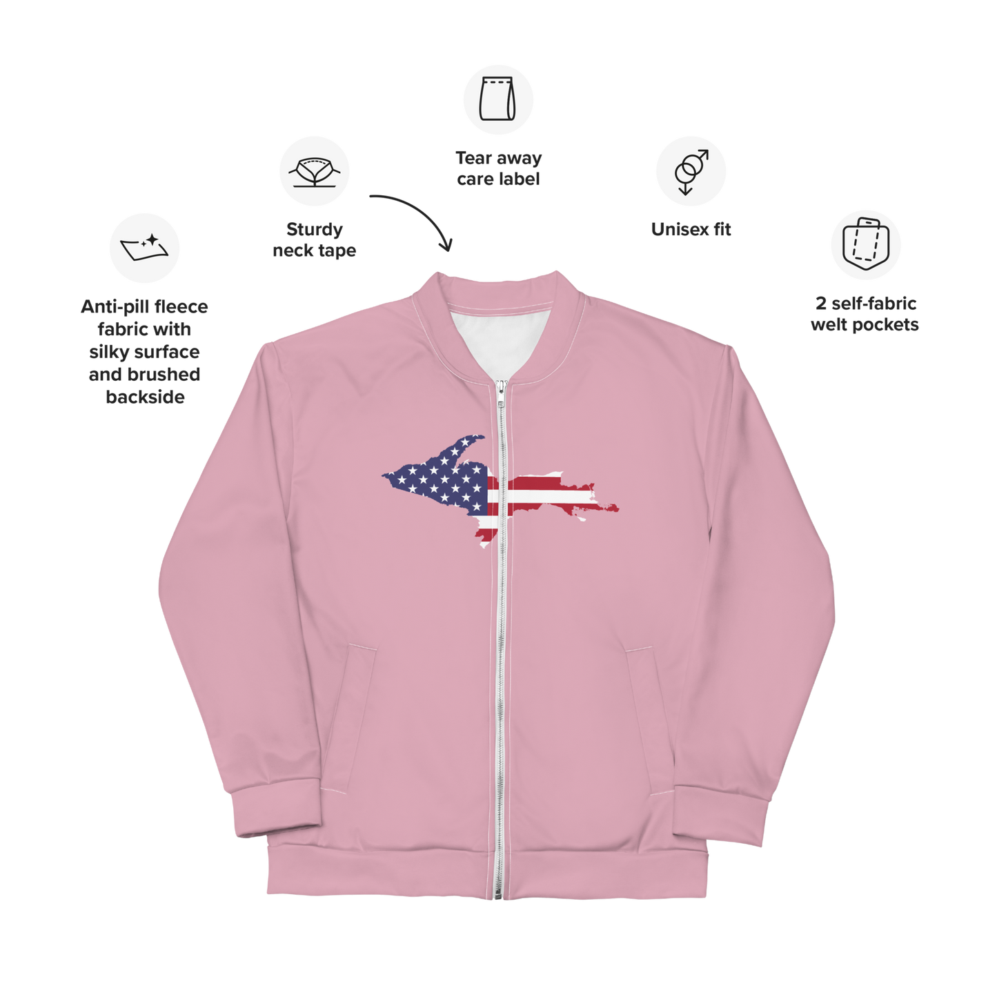 Michigan Upper Peninsula Bomber Jacket (w/ Large UP USA Flag Outline) | Pink