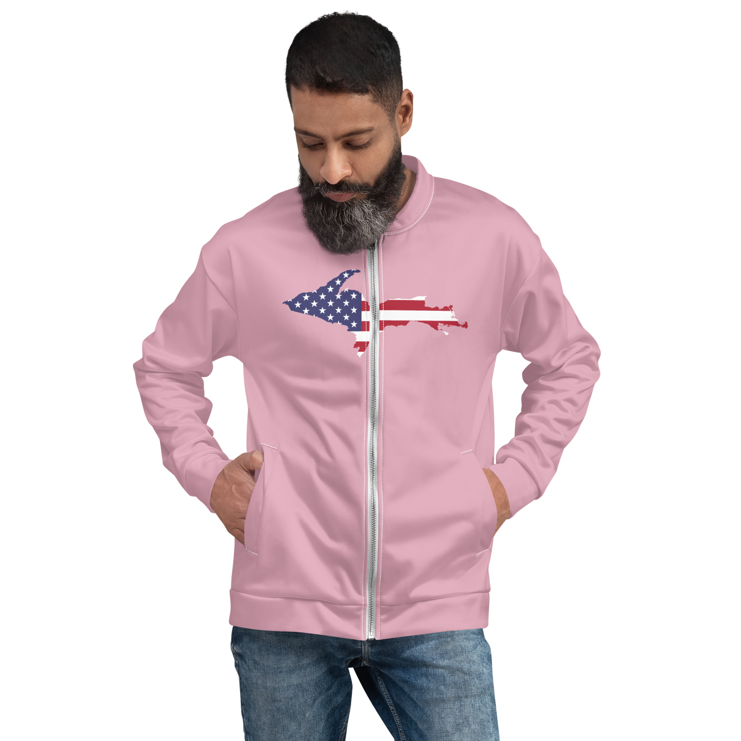 Michigan Upper Peninsula Bomber Jacket (w/ Large UP USA Flag Outline) | Pink