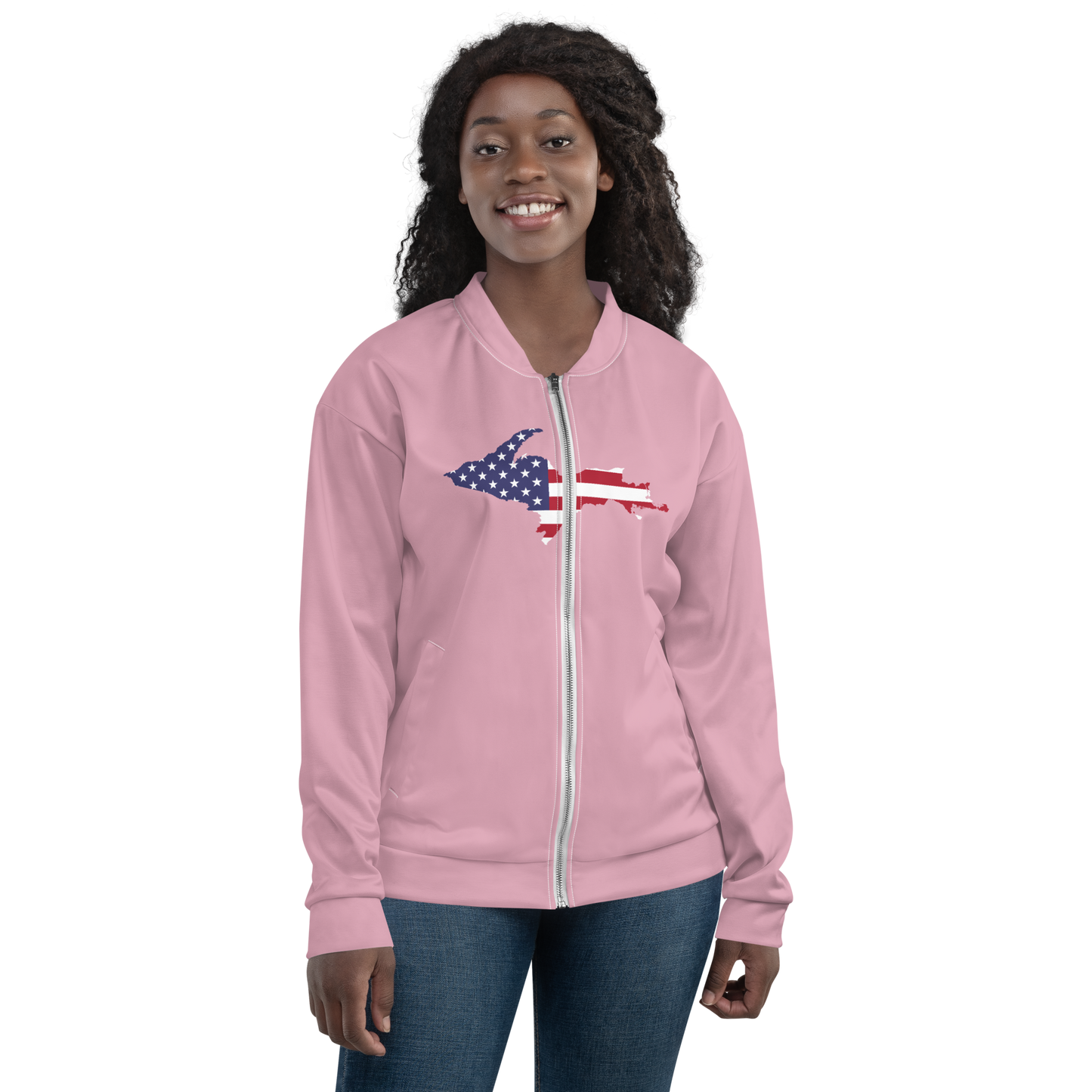 Michigan Upper Peninsula Bomber Jacket (w/ Large UP USA Flag Outline) | Pink