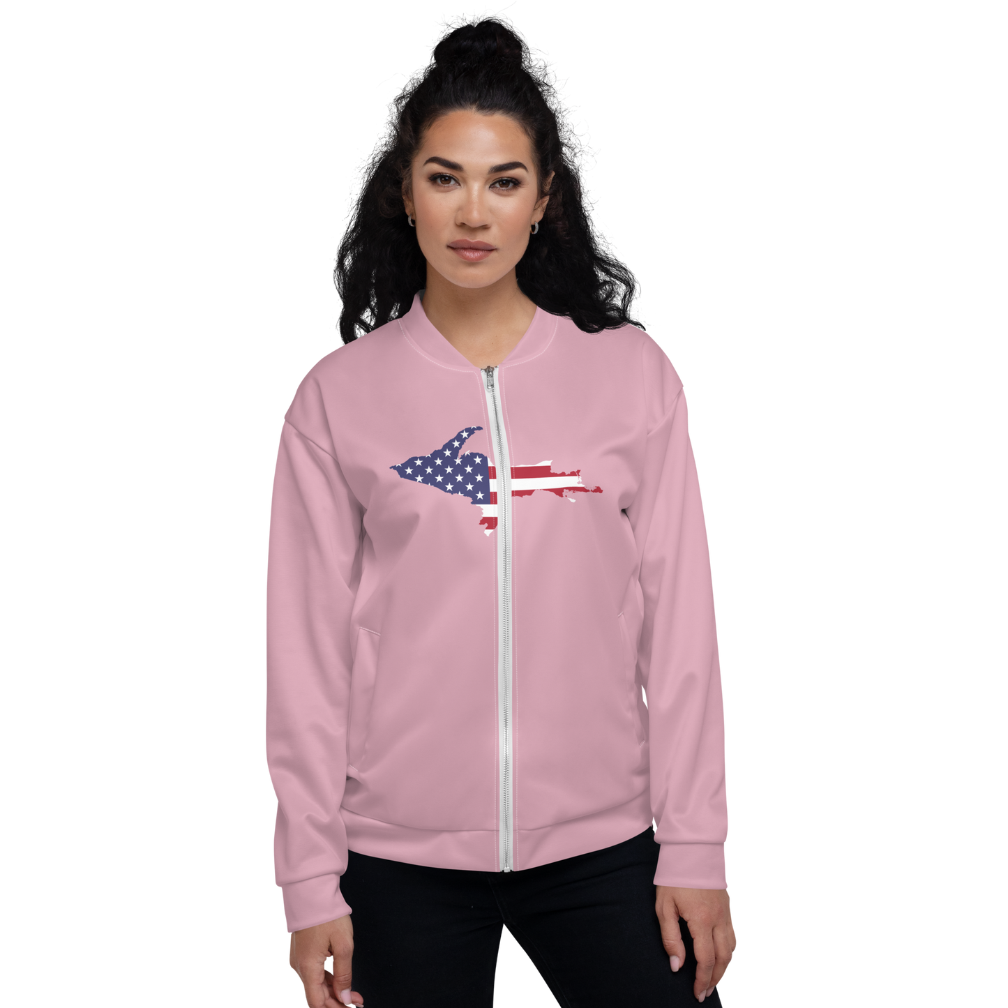 Michigan Upper Peninsula Bomber Jacket (w/ Large UP USA Flag Outline) | Pink