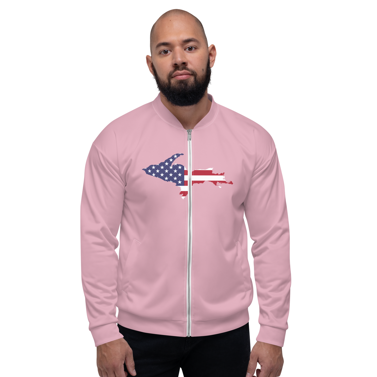 Michigan Upper Peninsula Bomber Jacket (w/ Large UP USA Flag Outline) | Pink