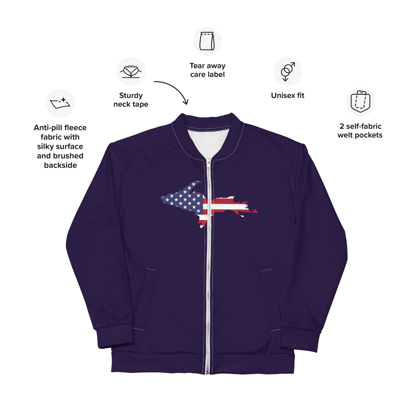 Michigan Upper Peninsula Bomber Jacket (w/ Large UP USA Flag Outline) | Blackcurrant Color