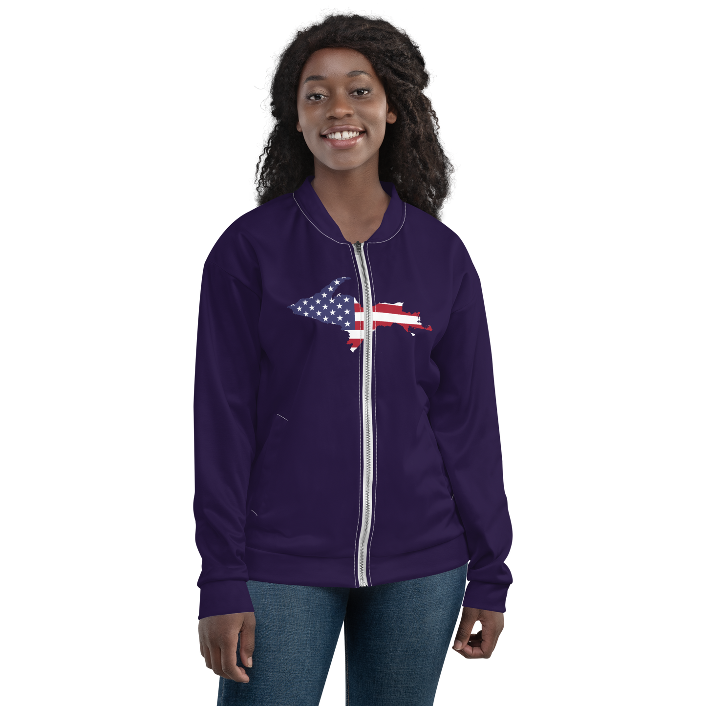 Michigan Upper Peninsula Bomber Jacket (w/ Large UP USA Flag Outline) | Blackcurrant Color